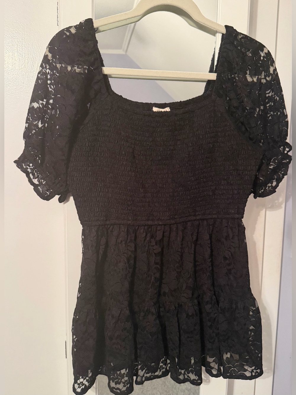 JODIFL Black Lace Smocked Peplum Top